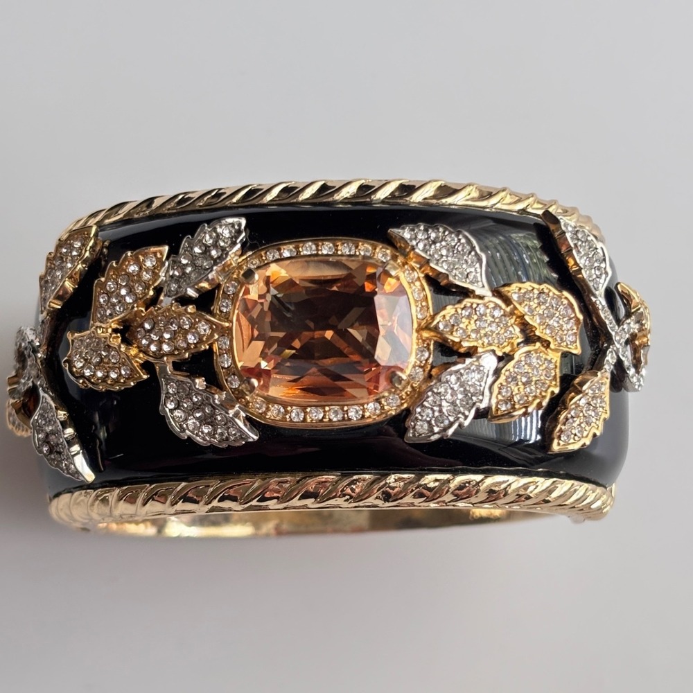 Black Enamel Crystal Cuff Bracelet Style HEAVY Wide Magnetic Closure Gold Tone